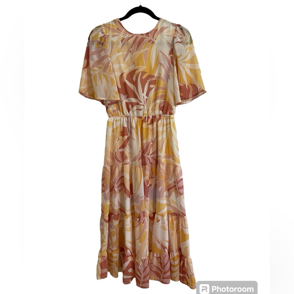Pink Lily Yellow Tropical Open Back Midi Dress